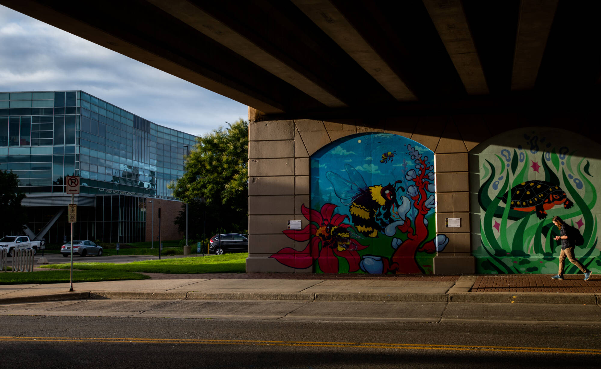 A pedestrian walks near new murals on the sidewalk that connects DeVos Center to Kennedy Hall of Engineering on Grand Valley’s City Campus during the first day of classes August 25.